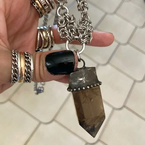 Handmade big raw black Smokey crystal quartz maille silver boho goth necklace - Picture 16 of 16